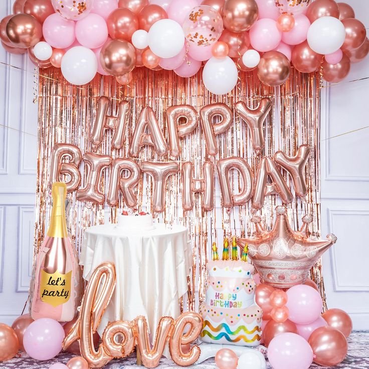 Rose Gold Balloon Decoration with Happy Birthday Foil Banner