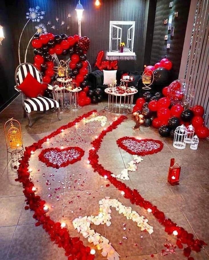 Romantic Black & Red Balloon Candle Pathway Setup in Mumbai