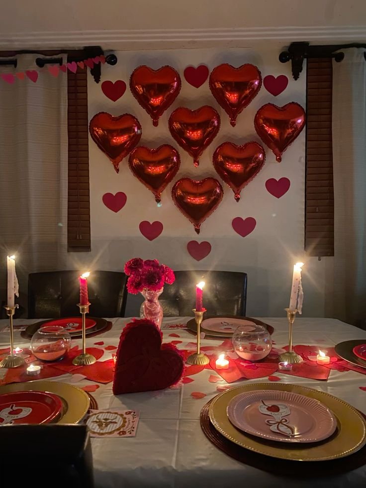 Romantic Heart Balloon Decoration with Candlelight Dinner Setup