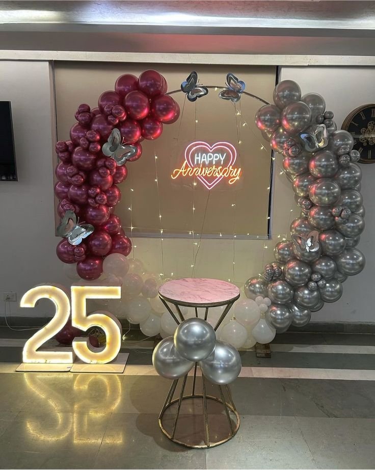 25th Anniversary Silver Sparkle Balloon Setup