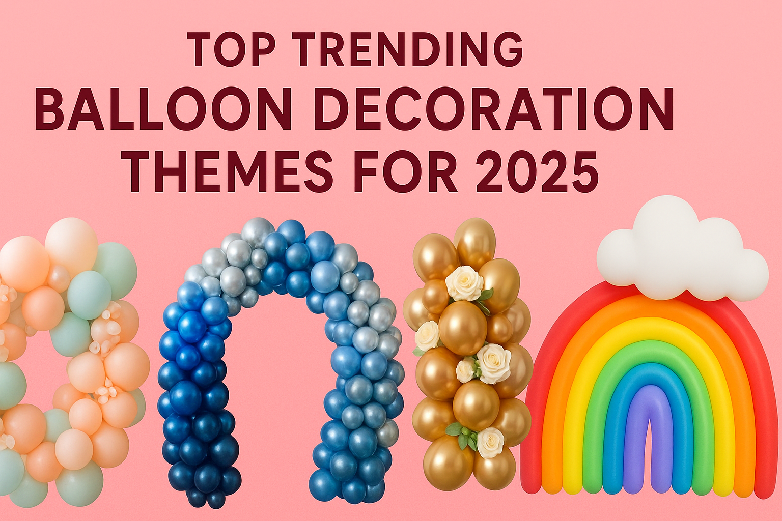 Top trending balloon decoration themes for 2025 featuring pastel, ombre, gold, and rainbow balloon arches designed by TMB Mumbai.