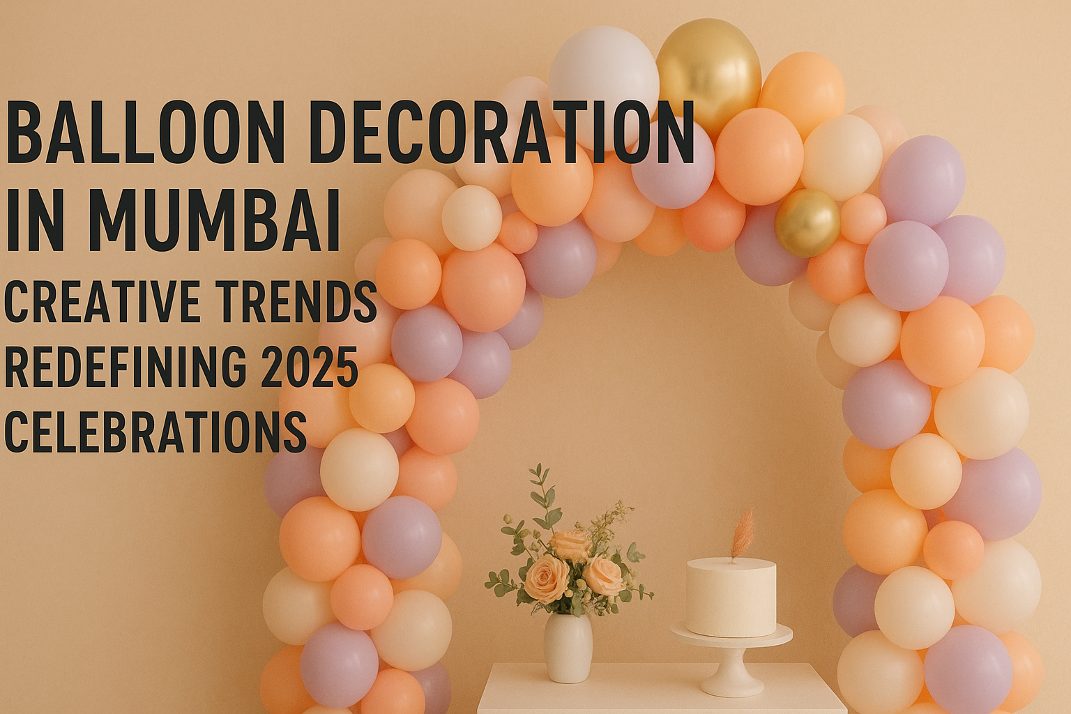 Modern balloon decoration setup in Mumbai featuring pastel balloon arch, floral decor, and elegant cake – 2025 celebration trends
