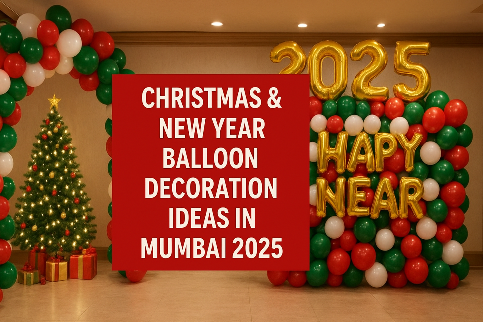 Christmas and New Year balloon decoration in Mumbai 2025 featuring red, green, gold, and black festive balloon setup with lights.