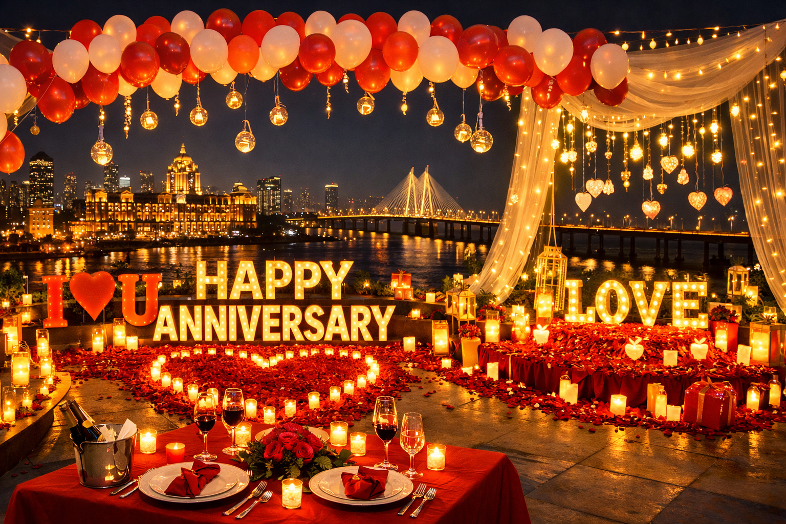 Anniversary decoration in Mumbai with candlelight dinner setup, balloons, romantic lights and surprise décor theme