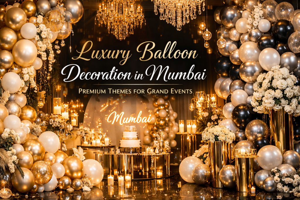 Luxury balloon decoration in Mumbai with premium gold and white theme for grand events
