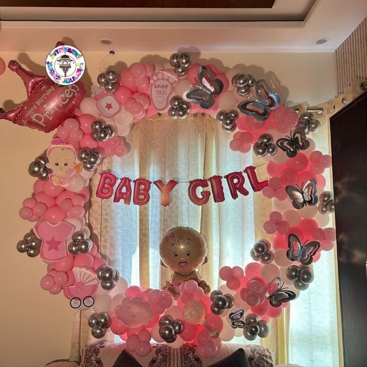 Welcome baby girl decoration in Mumbai with pink balloons