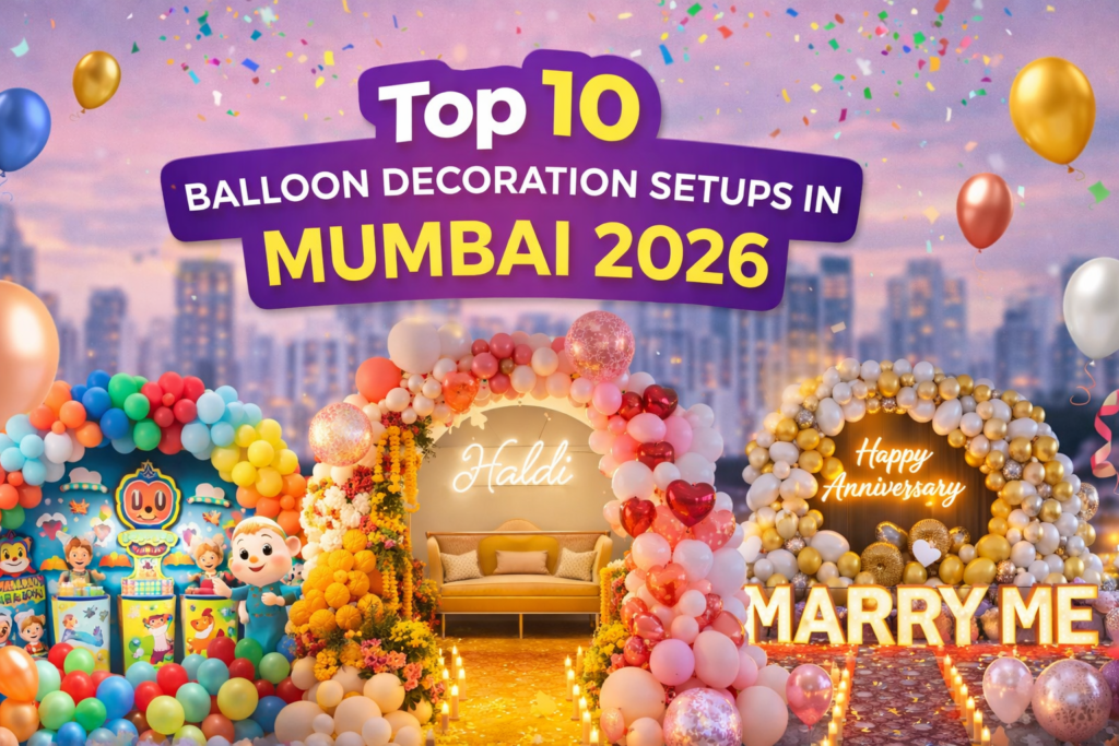 Top 10 Balloon Decoration Setups in Mumbai 2026 featuring birthday, haldi, anniversary and proposal balloon themes