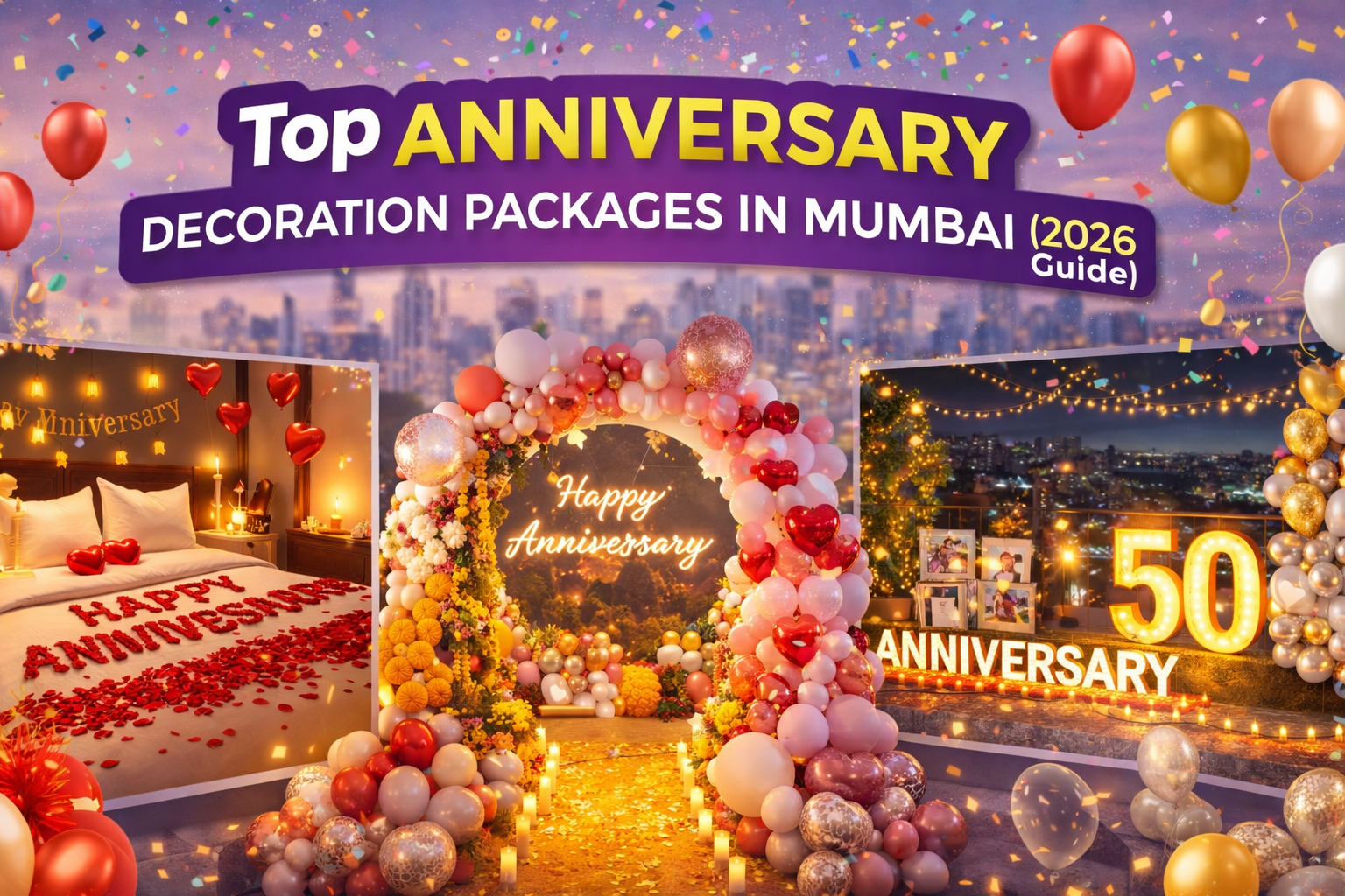 Top Anniversary Decoration Packages in Mumbai 2026 featuring romantic bedroom, ring backdrop and terrace anniversary setups