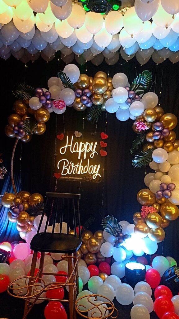 LED name birthday decoration in Mumbai with balloon backdrop