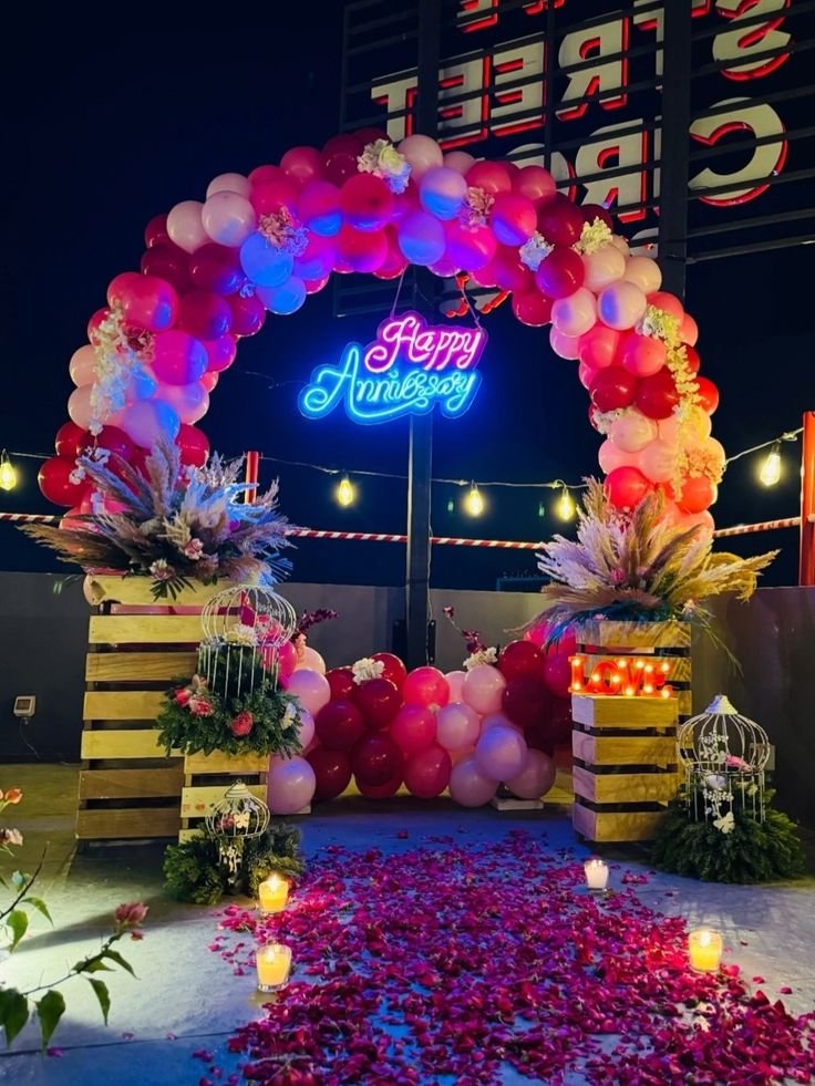 Terrace birthday decoration setup in Mumbai with balloons and lights