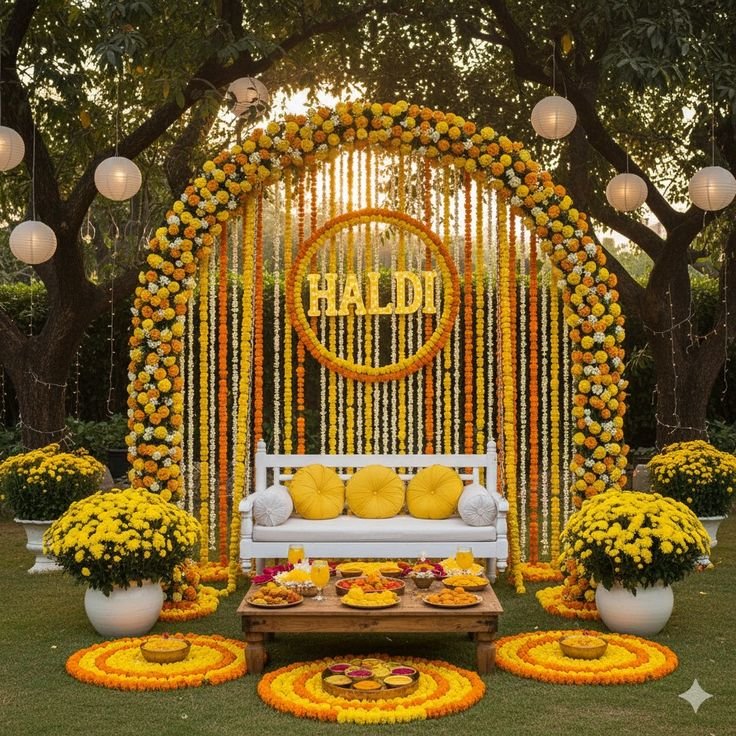 Floral haldi decoration in Mumbai with marigold backdrop