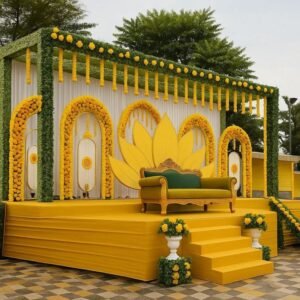 Premium haldi ceremony decoration with floral stage setup.