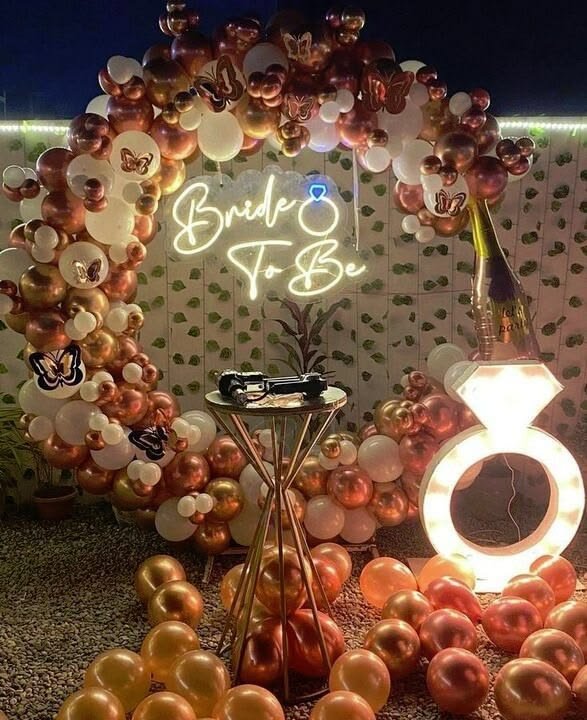Bride To Be balloon decoration with elegant backdrop and party setup