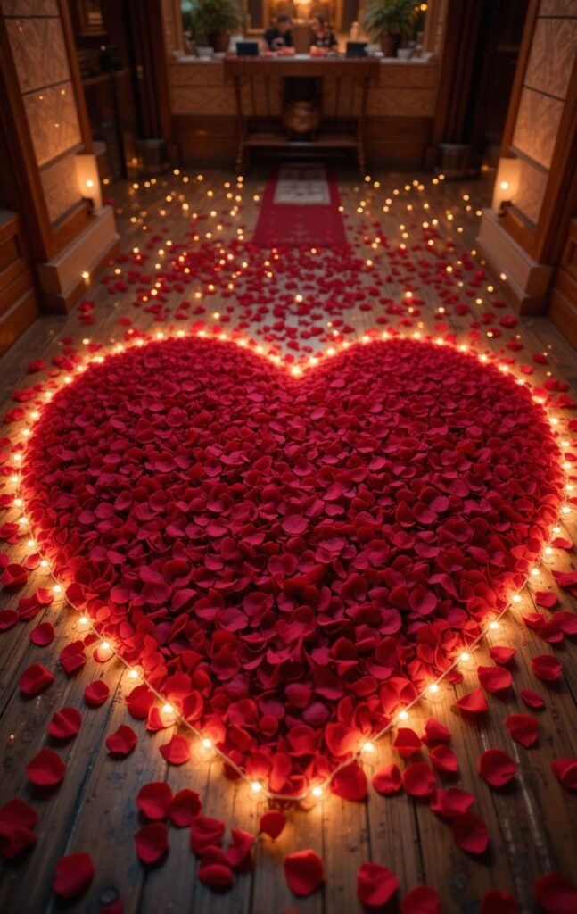 Rose petal anniversary setup with romantic bed decoration and candles