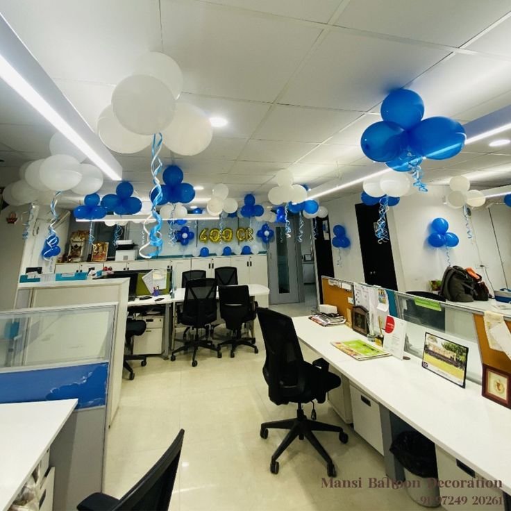Creative office celebration decoration with balloons and lights in Mumbai