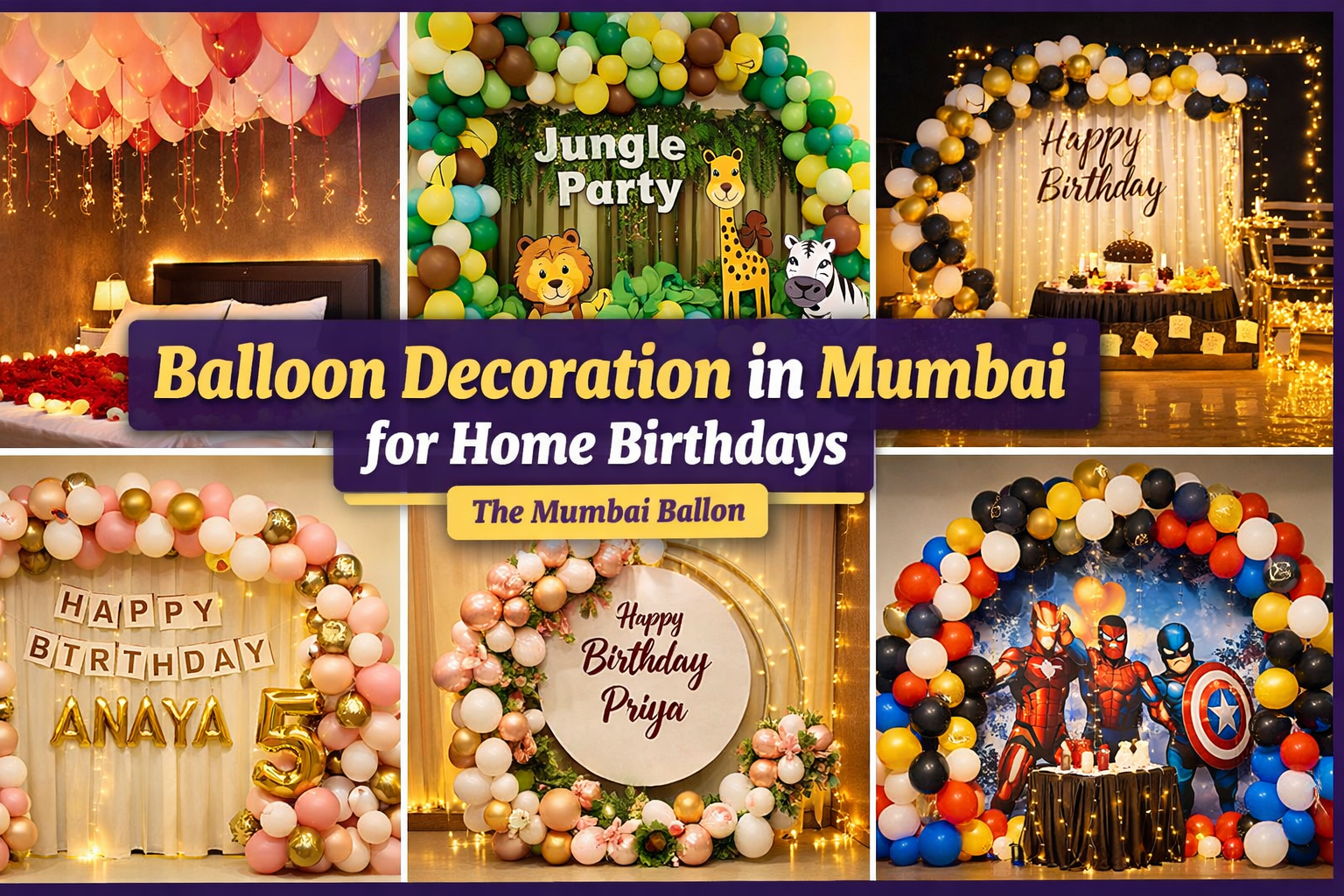 Balloon decoration in Mumbai for home birthday celebration with theme backdrop, balloon arch, and fairy lights setup