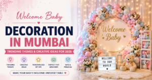 Welcome Baby Decoration in Mumbai with pastel balloon theme and creative baby welcome setup