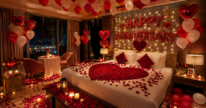 Anniversary Decoration in Mumbai with romantic balloon setup, candles, and rose petals for couples at hotel room and home celebrations