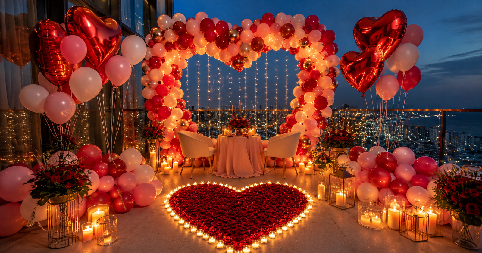 Balloon Decoration in Mumbai for Anniversary and Proposal Surprise with Romantic Balloon Setup and Candle Light Decoration